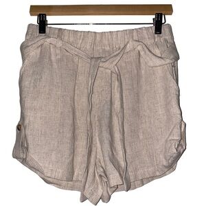 Bobi Black Women Linen Blend Dressy Shorts Oatmeal Tie Waist Wide Leg Medium